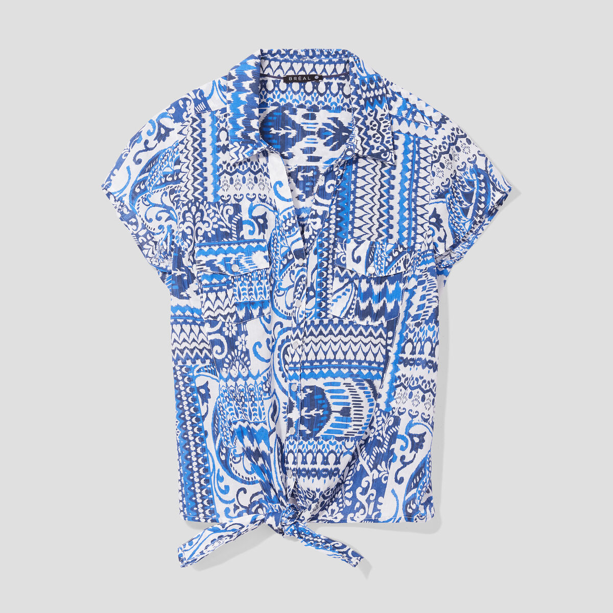 Chemise manches courtes nouée bleu femme