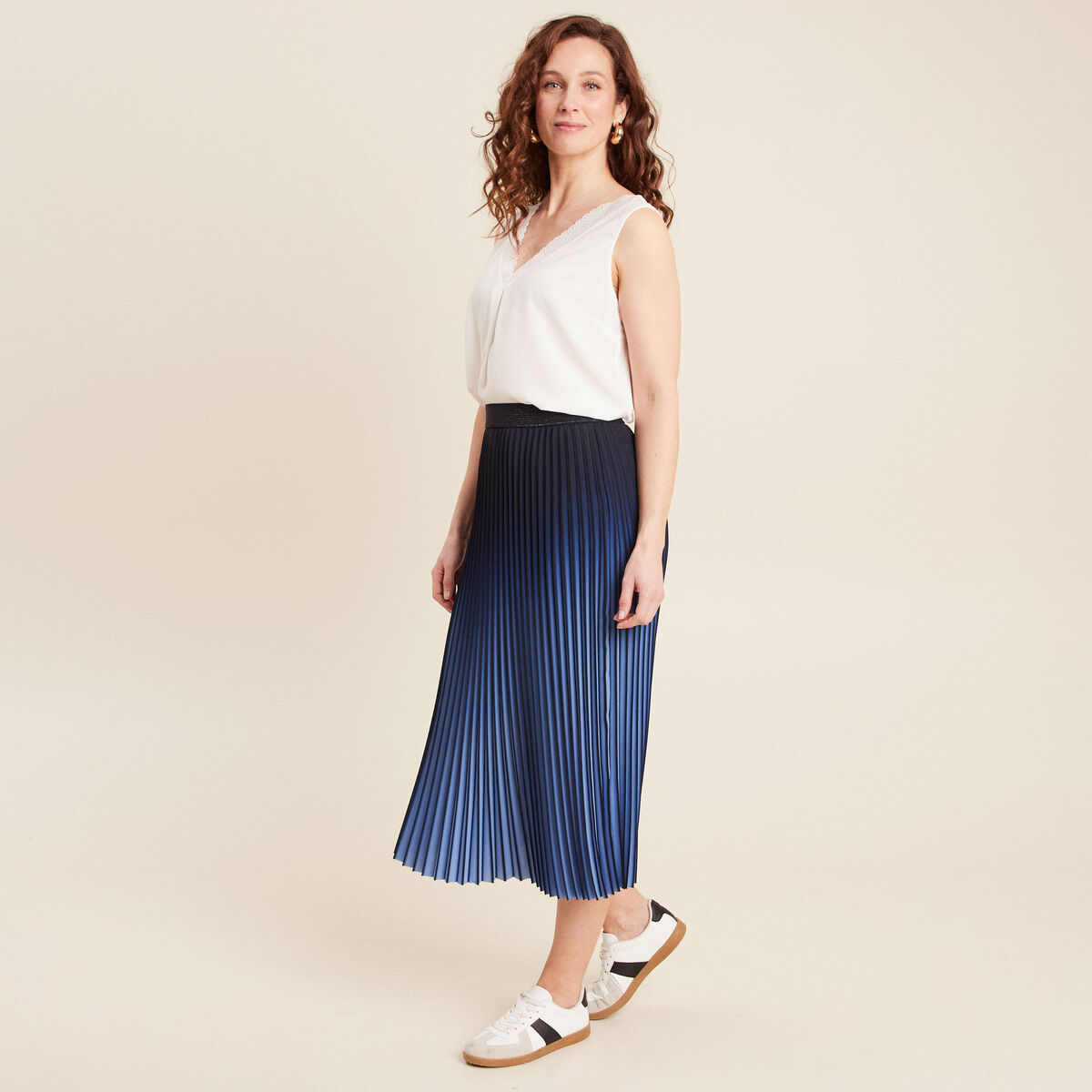 Jupe midi patineuse pliss&eacute;e bleu ciel femme
