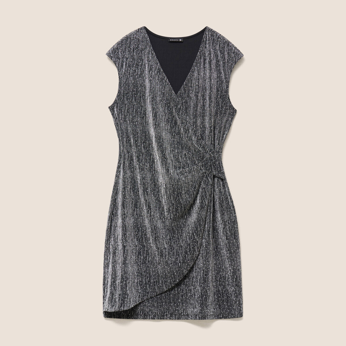Robe ajust&eacute;e courte col v sans manches gris argent femme