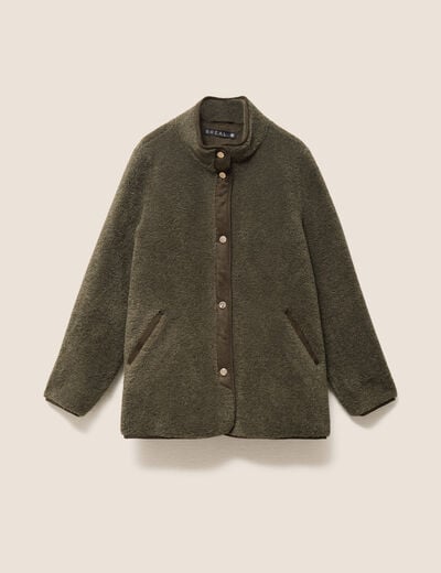 Manteau bouclette doubl&eacute; manches longues vert kaki femme