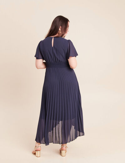 Robe longue &eacute;vas&eacute;e col v manches courtes bleu marine femme