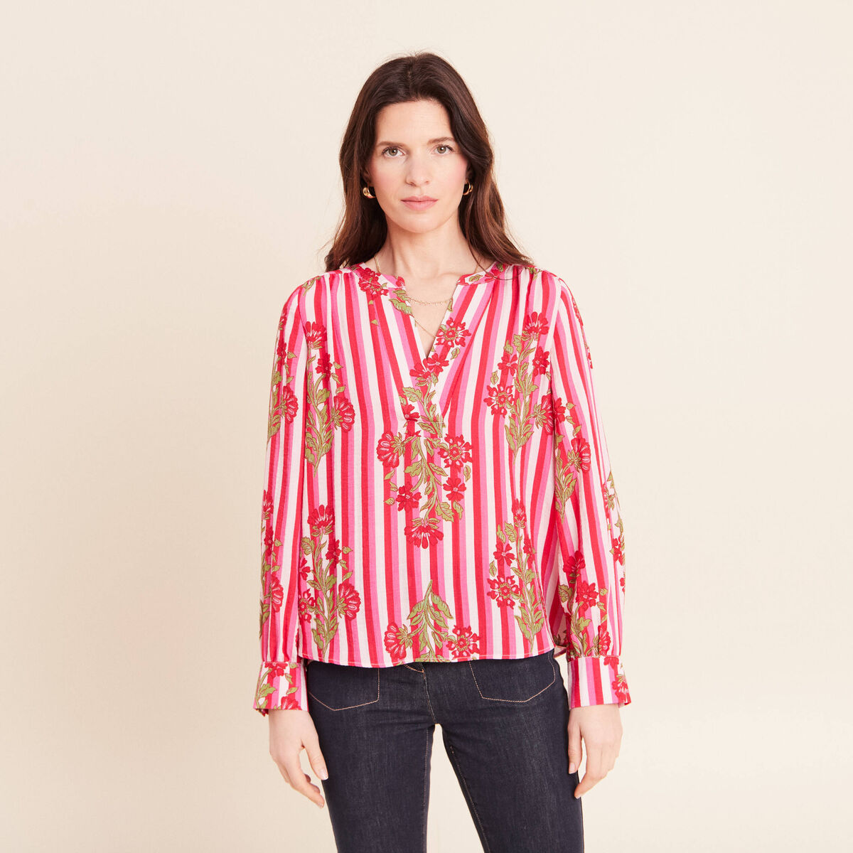 Blouse ample col v manches longues rose femme