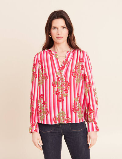 Blouse ample col v manches longues rose femme