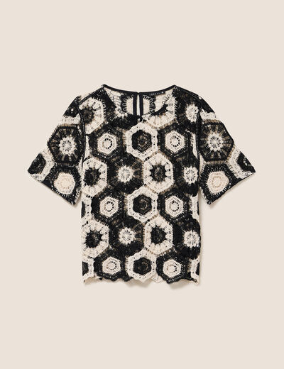 Blouse col rond manches courtes dentelle ecru femme