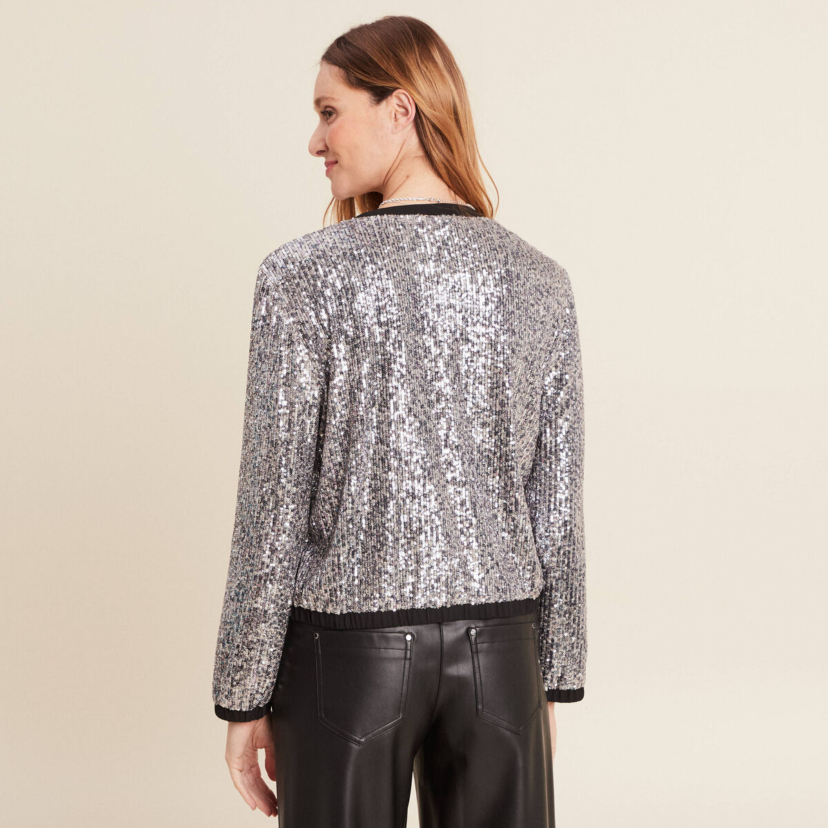 Veste zipp&eacute;e sequins gris argent femme