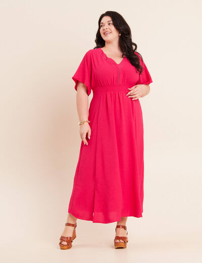 Robe longue &eacute;vas&eacute;e col v manches coudes rose fushia femme