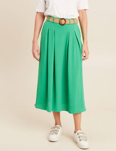 Jupe longue évasée ceinturée vert femme