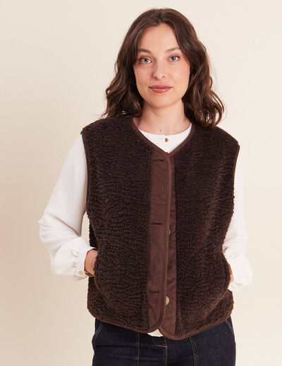 Veste r&eacute;versible duveteuse marron fonc&eacute; femme