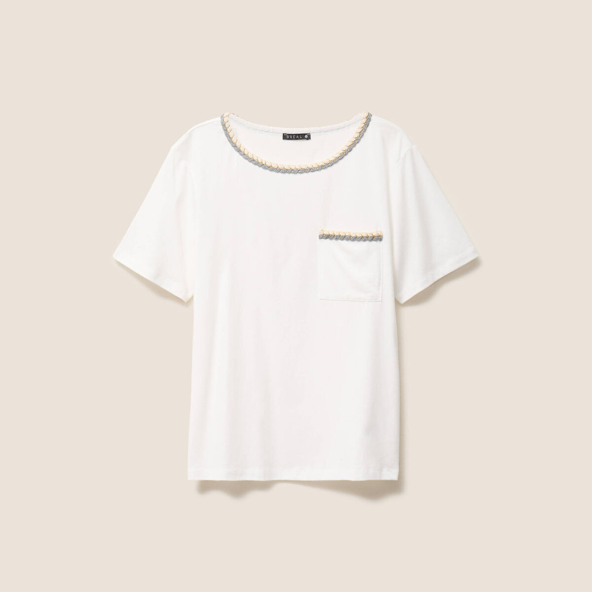 T-shirt col rond manches coudes tressé ecru femme