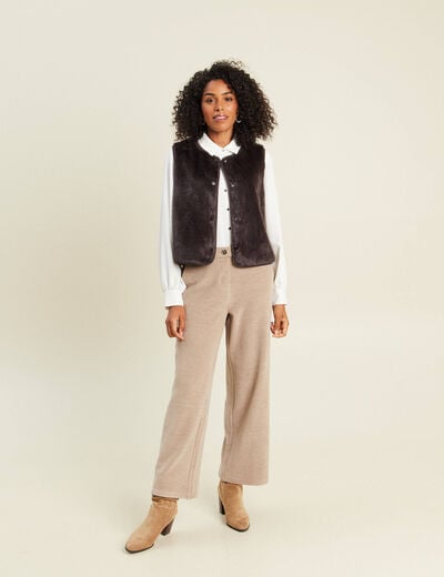 Gilet droit sans manches fausse fourrure marron fonc&eacute; femme