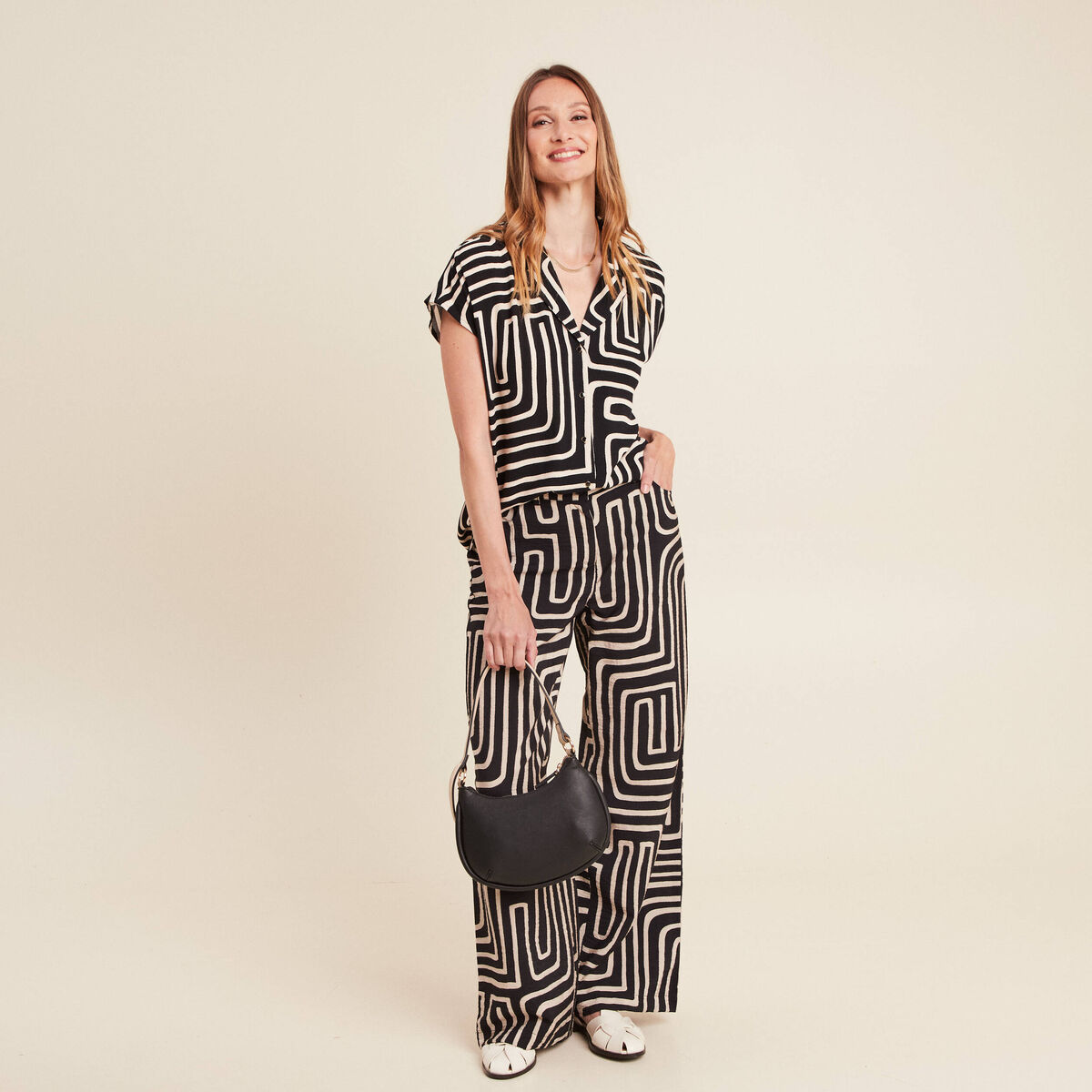 Pantalon flou taille haute noir femme