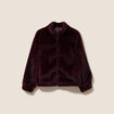 Manteau en fausse fourrure col montant bordeaux femme