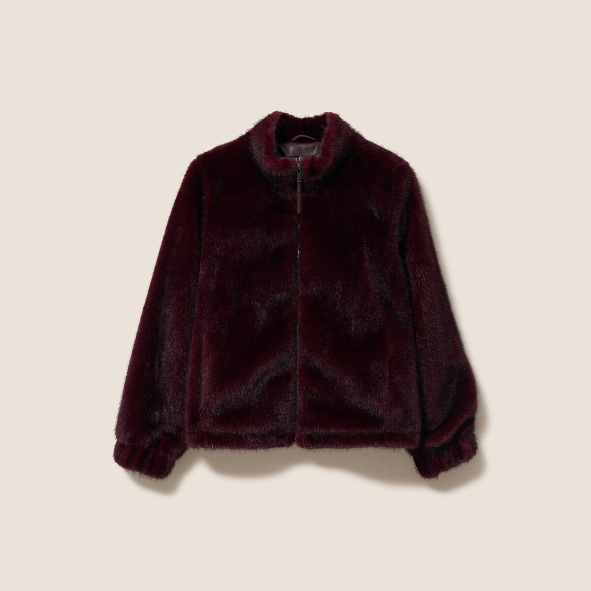 Manteau en fausse fourrure col montant bordeaux femme
