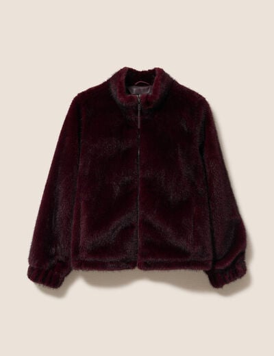Manteau en fausse fourrure col montant bordeaux femme