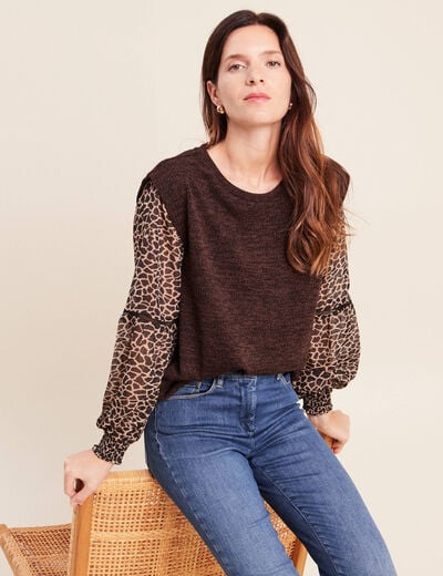 T-shirt col rond manches longues noir femme