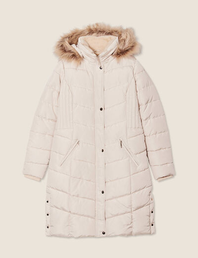 Doudoune déperlante longue à capuche beige femme