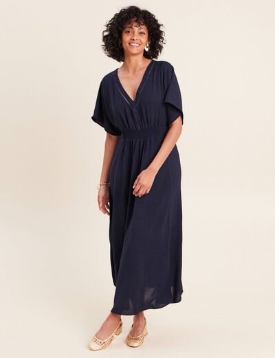 Robe longue &eacute;vas&eacute;e col v manches coudes bleu marine femme