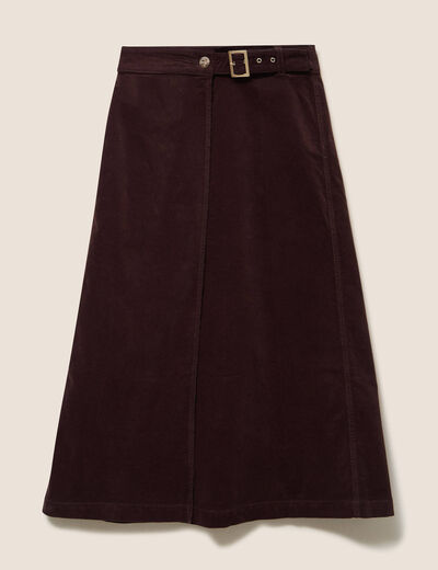 Jupe portefeuille en velours marron fonc&eacute; femme