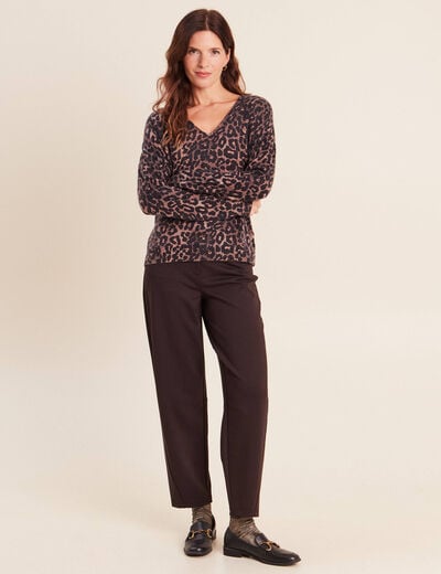Pull col v marron femme