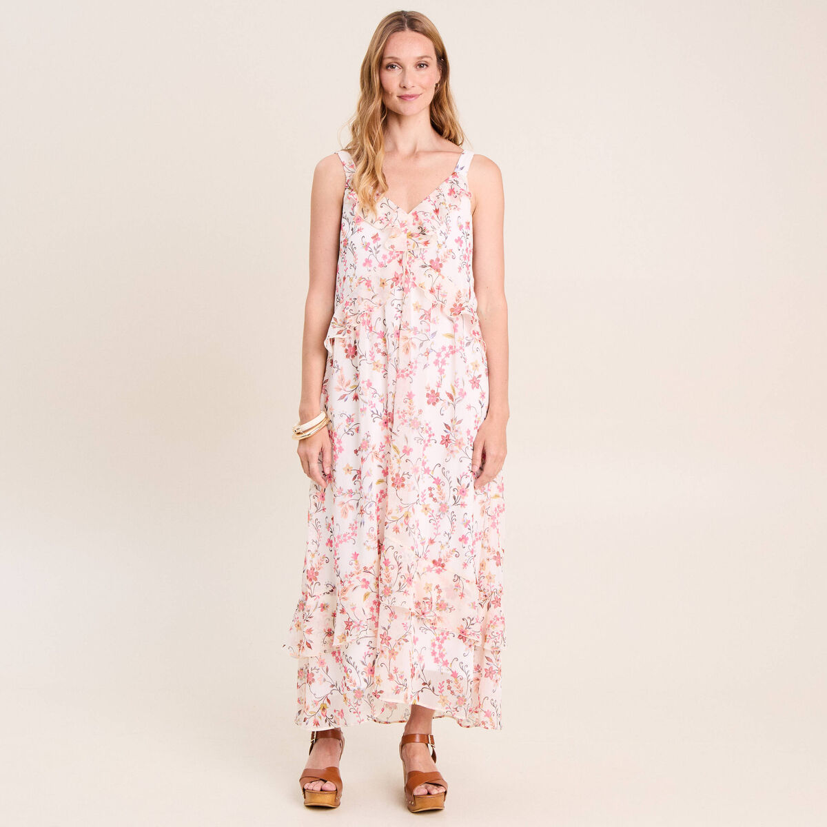 Robe longue &eacute;vas&eacute;e sans manches doubl&eacute;e multicolore femme