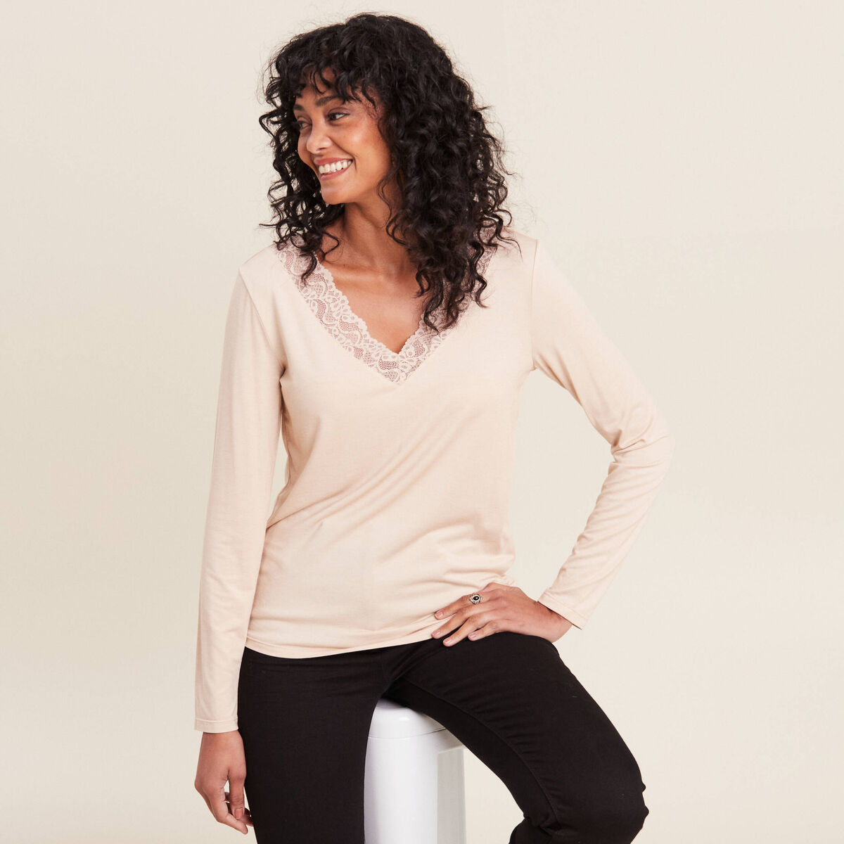 T-shirt thermo-douceur manches longues beige femme