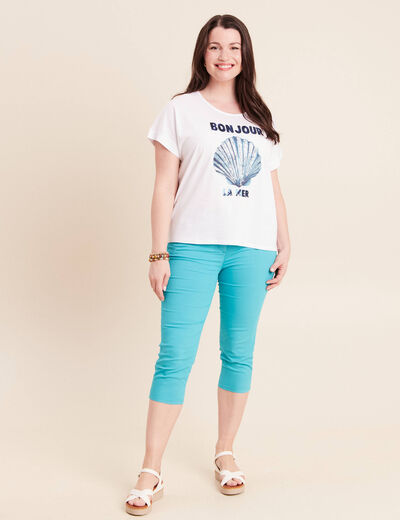 T-shirt col rond manches courtes brod&eacute; blanc femme