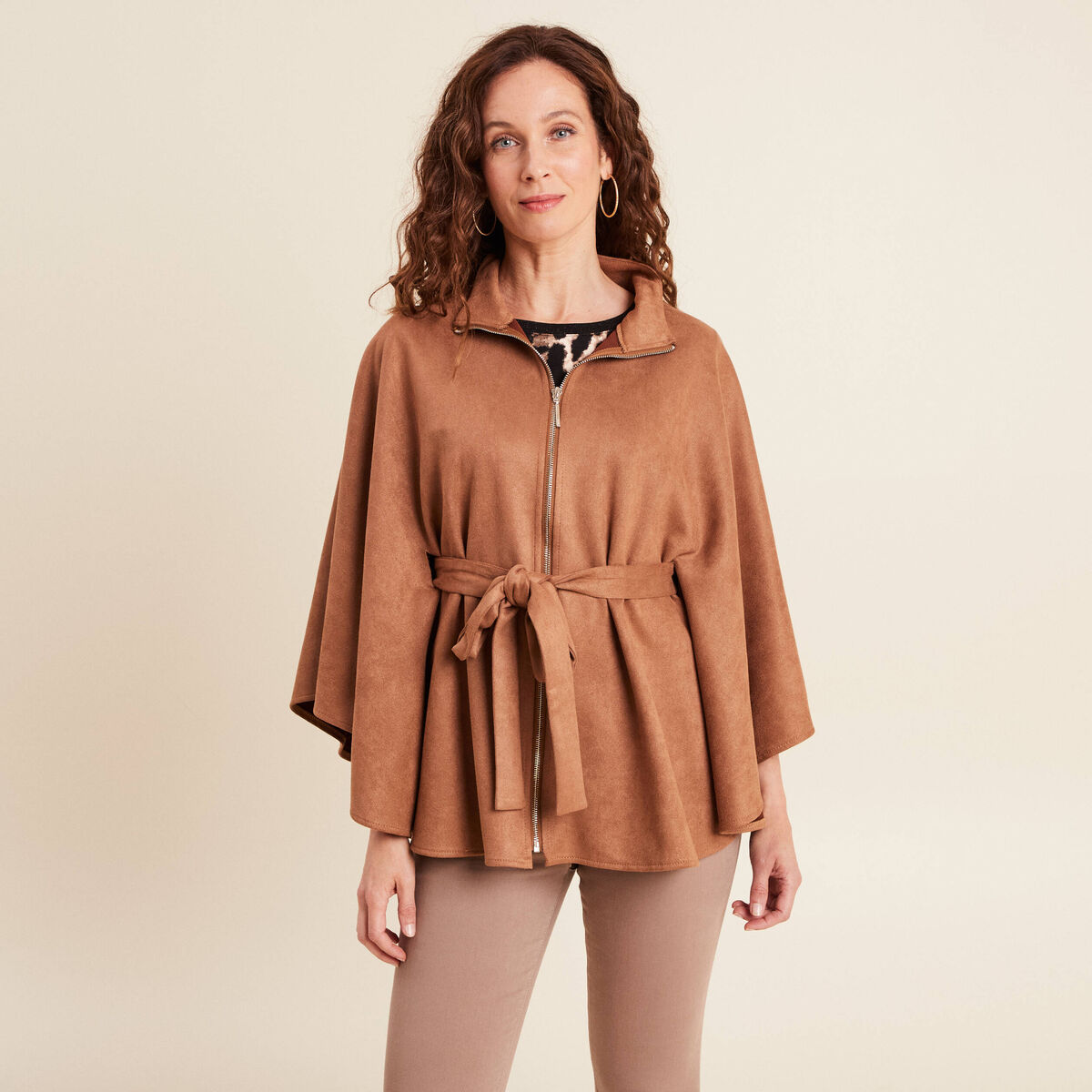 Poncho ceintur&eacute; fermeture zipp&eacute;e marron clair femme