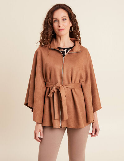 Poncho ceintur&eacute; fermeture zipp&eacute;e marron clair femme
