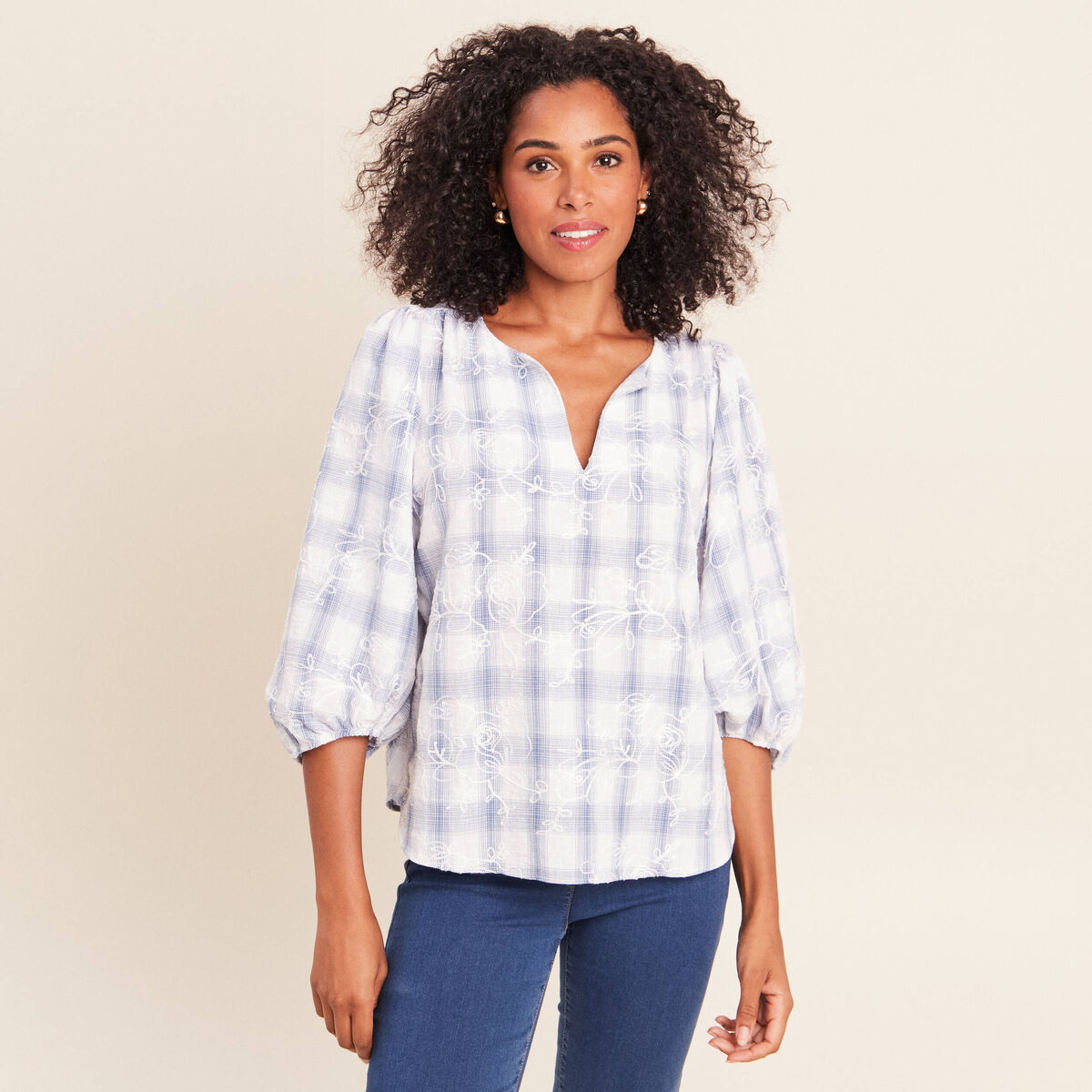 Blouse col tunisien manches 3/4 bleu femme