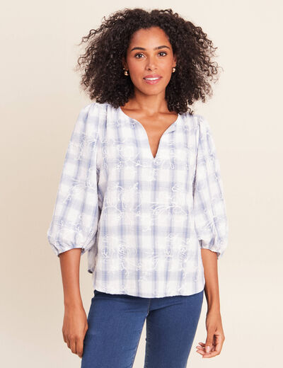 Blouse col tunisien manches 3/4 bleu femme
