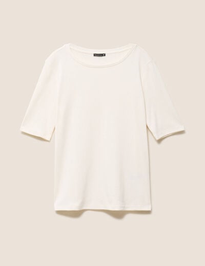 T-shirt ajust&eacute; col rond manches coudes ecru femme