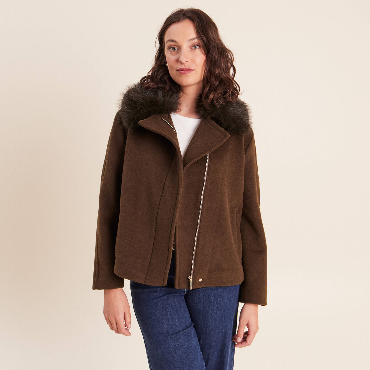 Manteau manches longues col fourrure vert kaki femme
