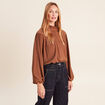 Blouse droite pliss&eacute;e col montant marron fonc&eacute; femme