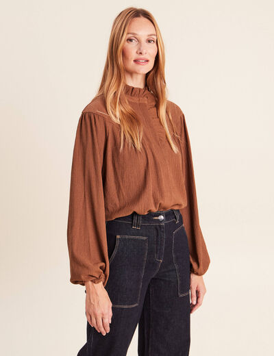 Blouse droite pliss&eacute;e col montant marron fonc&eacute; femme