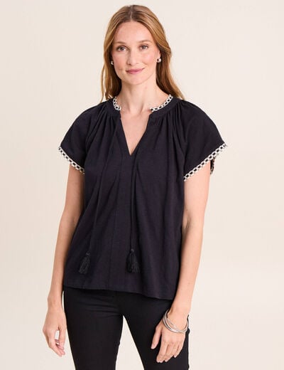 T-shirt col tunisien noir femme