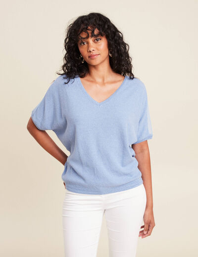 Pull manches courtes plumetis bleu ciel femme