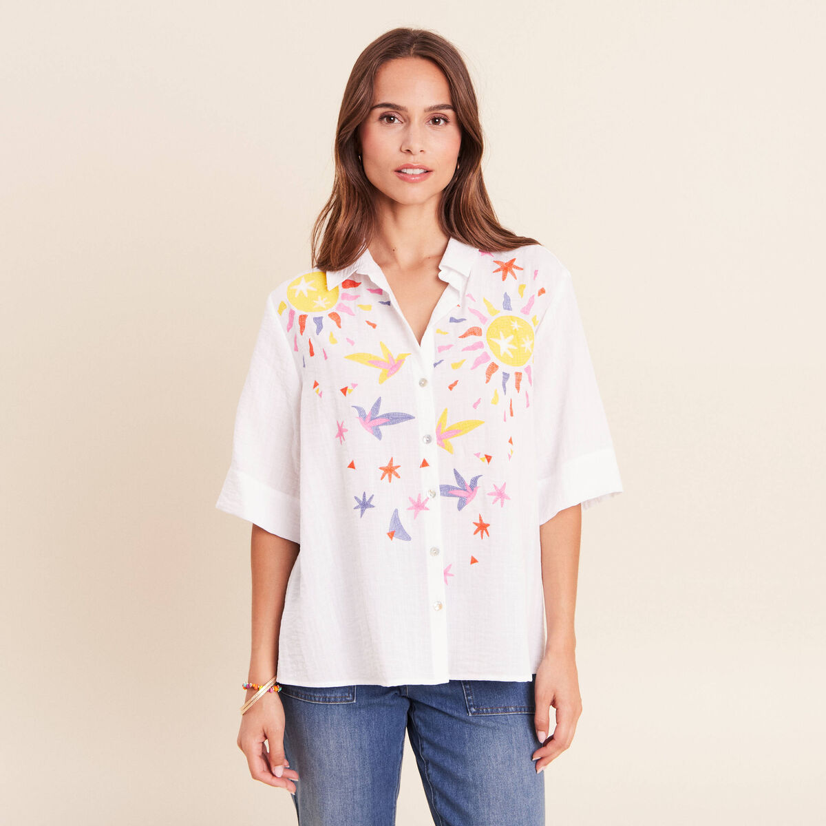 Chemise ample manches 3/4 col chemise blanc femme