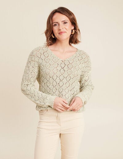 Pull manches longues ajouré vert femme