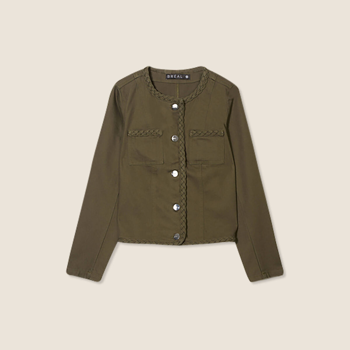 Veste en jean détails tressés vert olive femme
