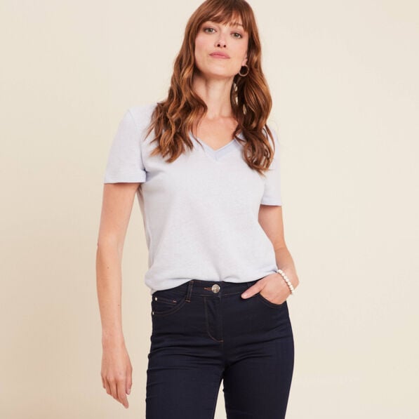 t shirt manches courtes col en v bleu clair femme T-shirt manches courtes col en V bleu clair femme