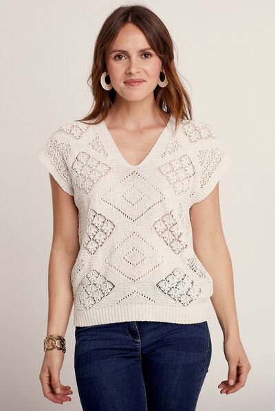 Pull manches courtes ajouré ecru femme