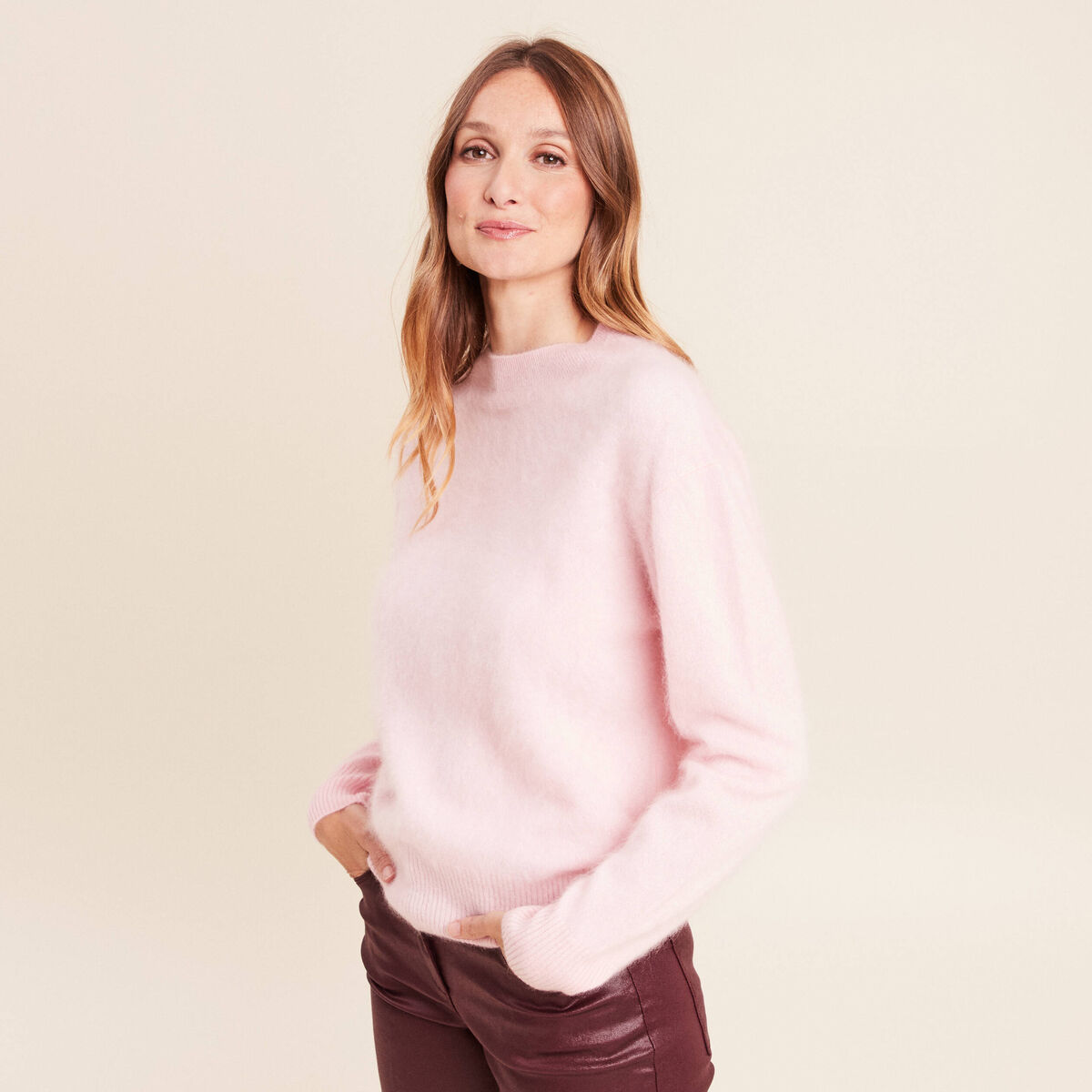 Pull cachemire col montant rose femme
