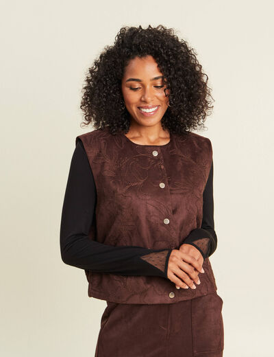 Veste sans manches doubl&eacute;e marron fonc&eacute; femme