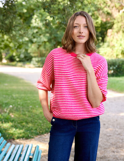Pull droit col rond manches 3/4 rose femme