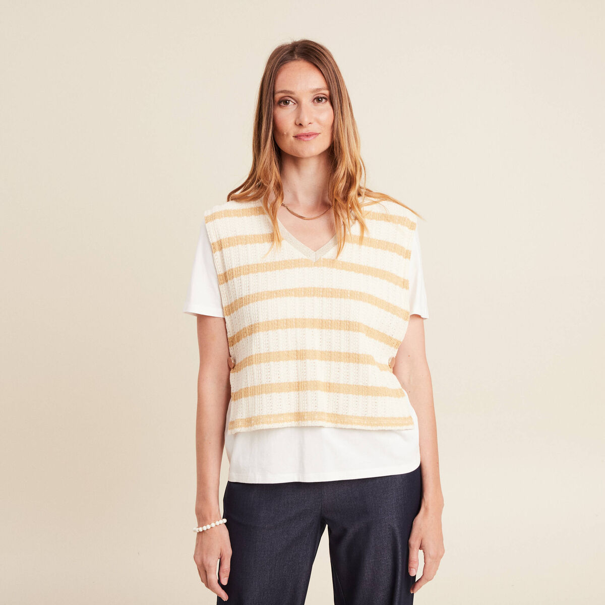 T-shirt effet 2 en 1 manches courtes beige femme