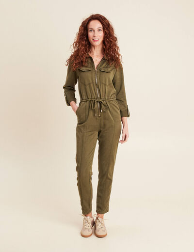 Combinaison pantalon zippée vert olive femme