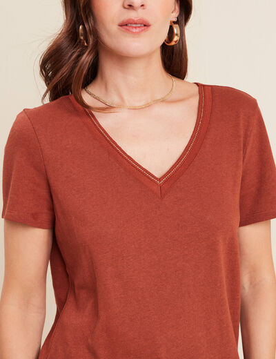 T-shirt manches courtes col en V marron foncé femme