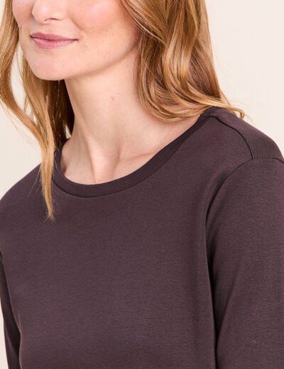 T-shirt ajust&eacute; col rond manches coudes marron fonc&eacute; femme