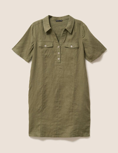 Robe droite courte col chemise vert kaki femme