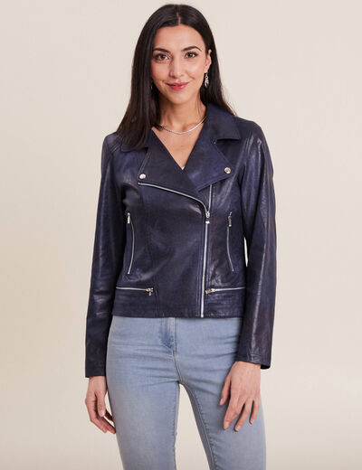 Veste esprit motard zippée bleu foncé femme
